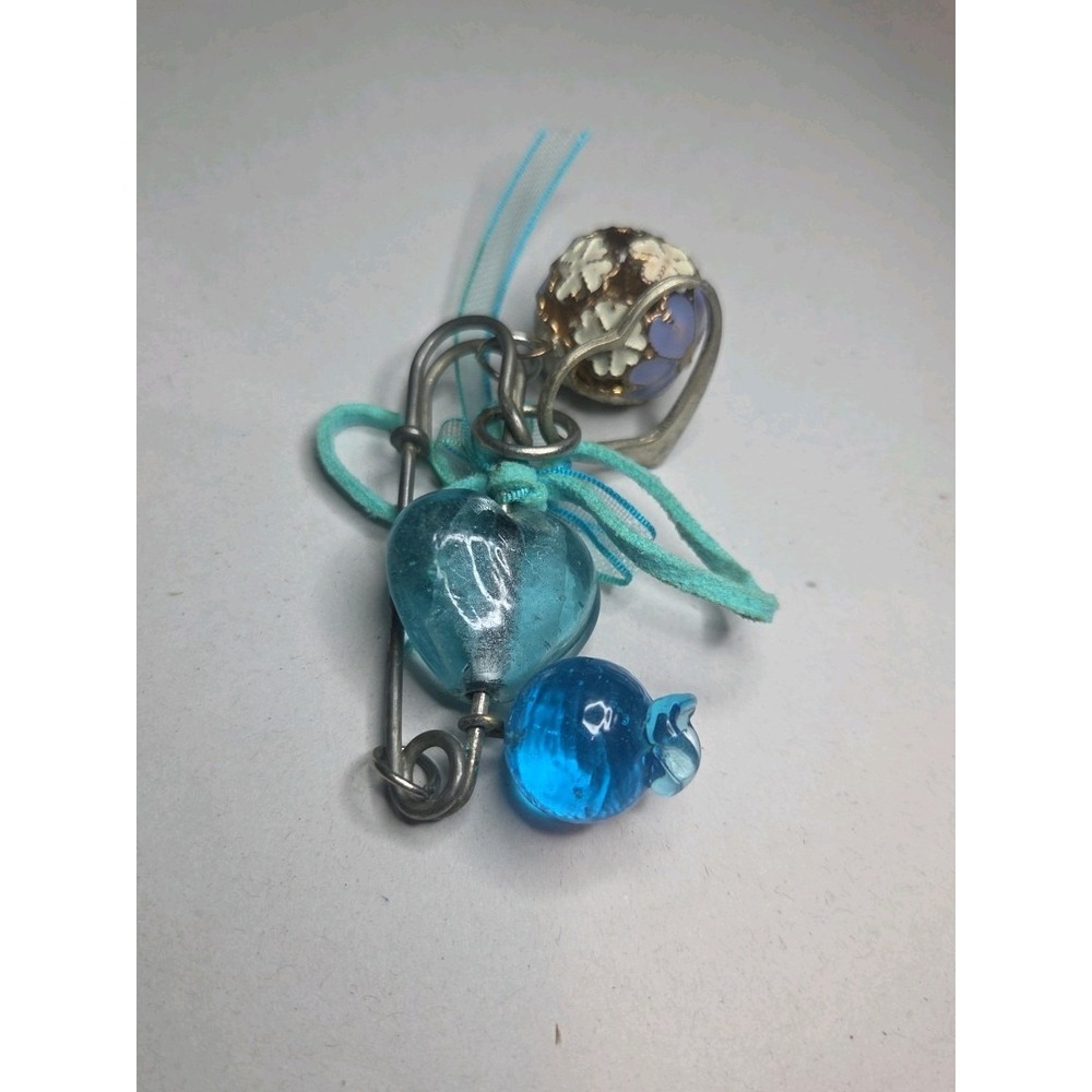 Vintage Safety Pin Charm Brooch Glass Blueberry Blue Heart